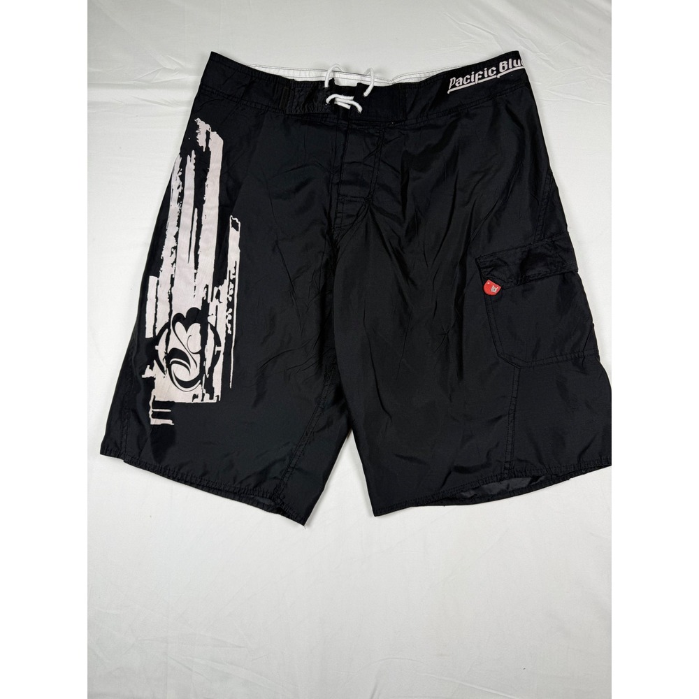 Pacific Blue Mens Black Graphic Board Shorts Cargo Pocket Swim Trunks Size L